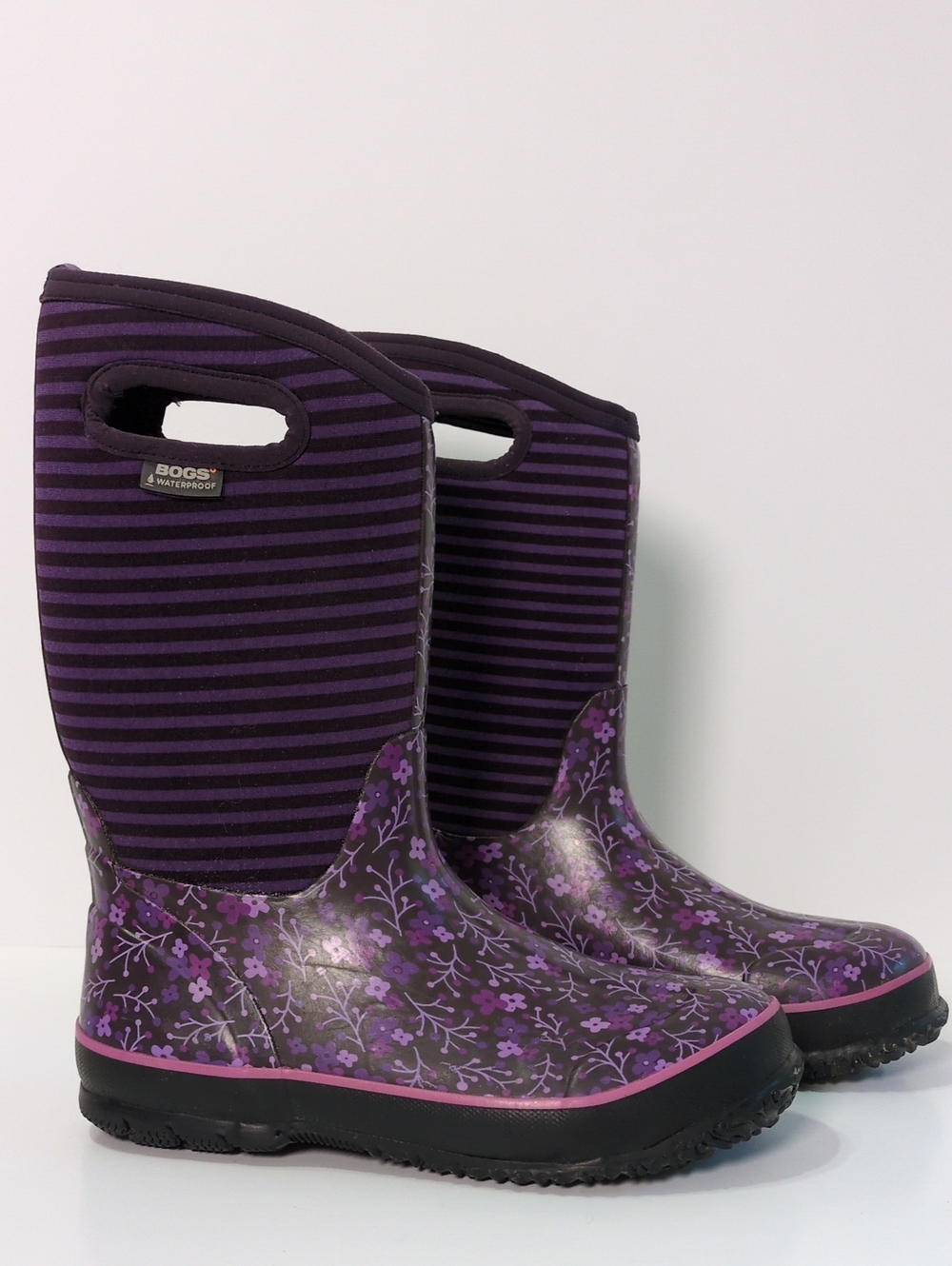 Bogs Waterproof Winter Rain Boots Purple Floral Striped Youth 6 / EUR 39